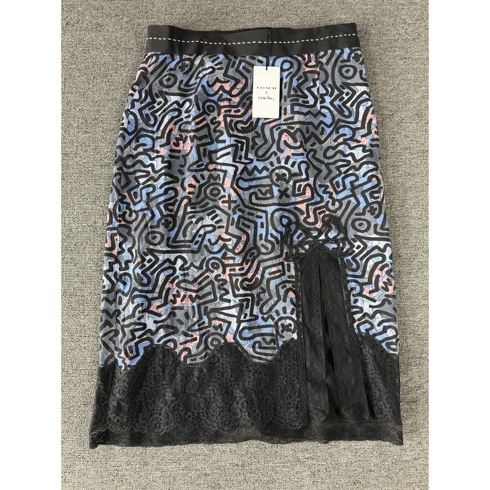 Coach x Keith‎ Haring Skirt Womens 0 Dark Blue Art Graphic Lace Crochet Pencil
